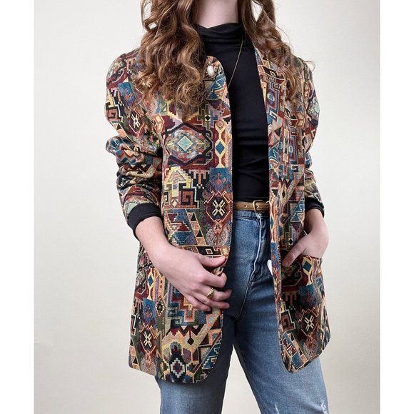 Vintage Woven Tapestry Western Boho Aztec Oversized Blazer Jacket Coat Bohemian - Picture 4 of 10